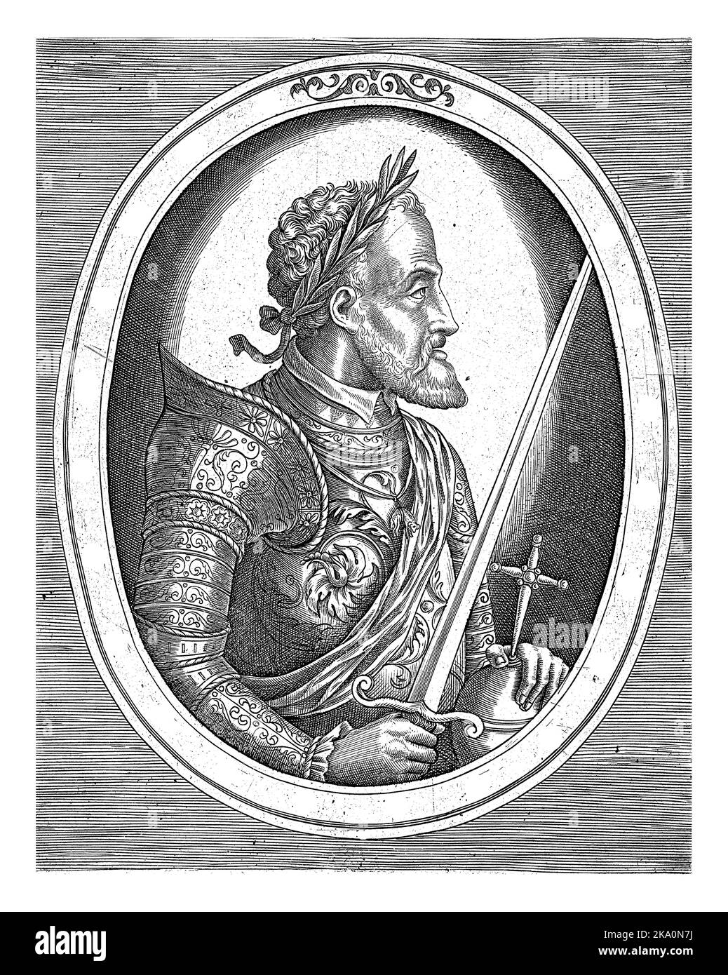 Porträt Karls V. von Habsburg, Frans Huys, 1546 - 1562 Porträt Karls V. von Habsburg, halblang nach rechts, seine linke Hand auf einer Kugel ruhend Stockfoto