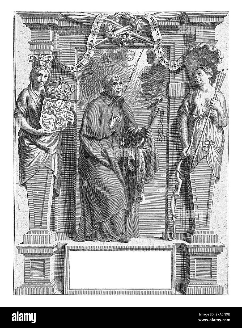 Joao de Almeida, stehend, die rechte Hand auf seiner Brust und in der anderen Seite eine Geißel und ein Kruzifix. Zwei Karyatiden auf beiden Seiten: Anglica auf der le Stockfoto