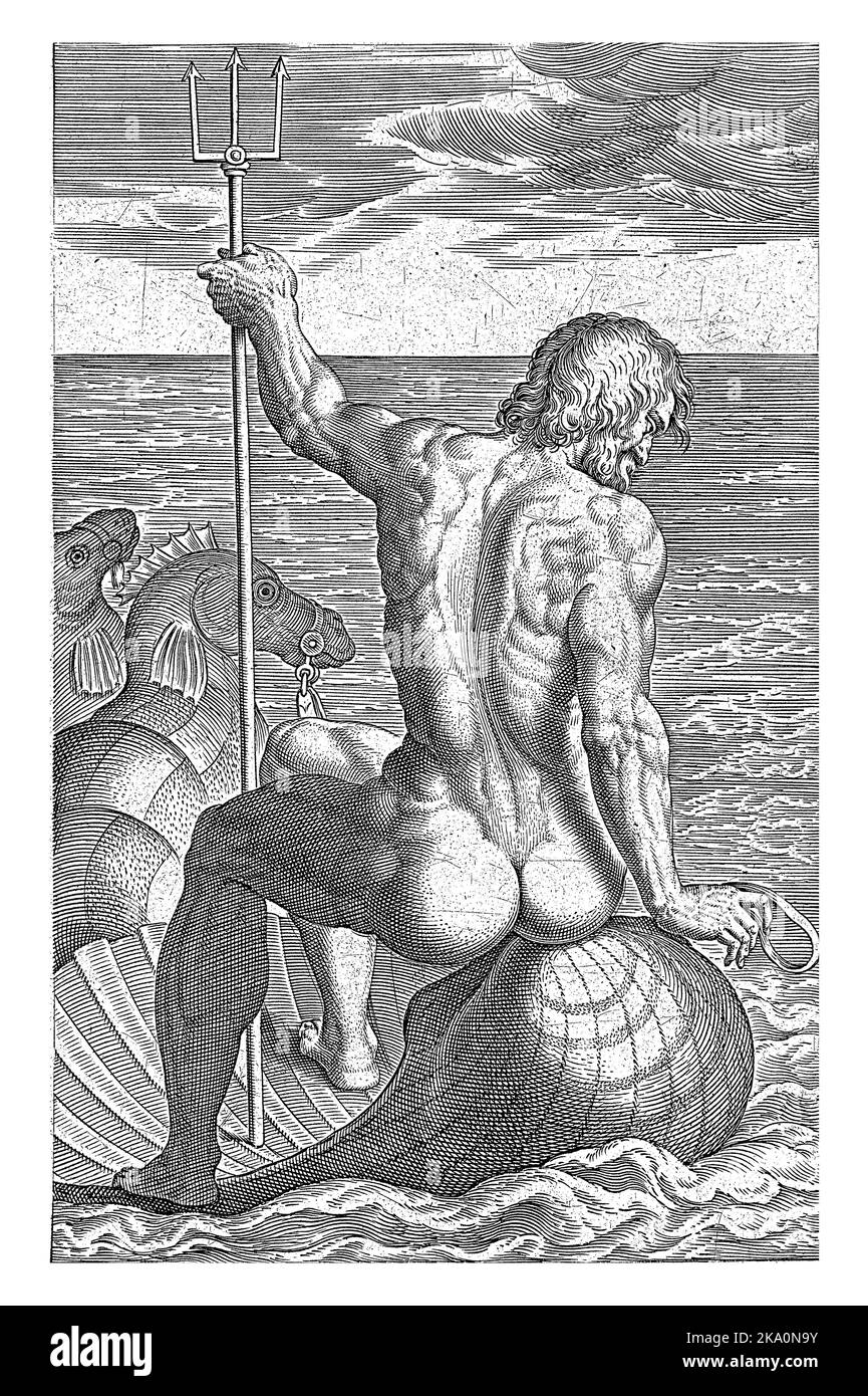 Sea god Neptune, Philips Galle, 1586. Der meeresgott Neptun, der auf einer Muschel sitzt, die von Seepferden gezogen wurde. Der Druck ist Teil einer siebzehnteiligen Serie über Rive Stockfoto