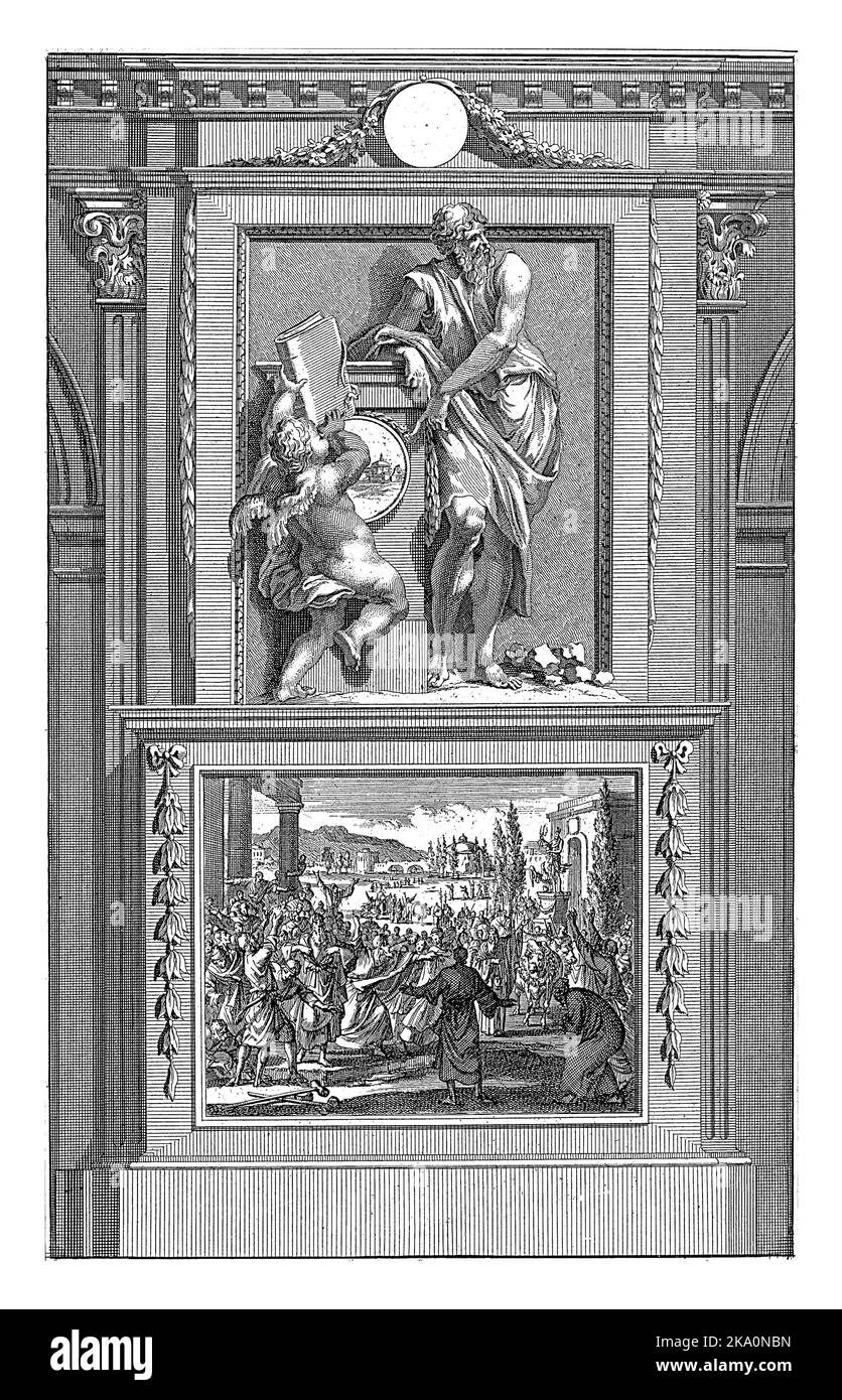 Apostel Barnabas, Jan Luyken, nach Jan Goeree, 1698 der Apostel Barnabas zeigt auf einen Engel, der ihm ein Buch trägt. Barnabas steht auf einem Sockel Stockfoto