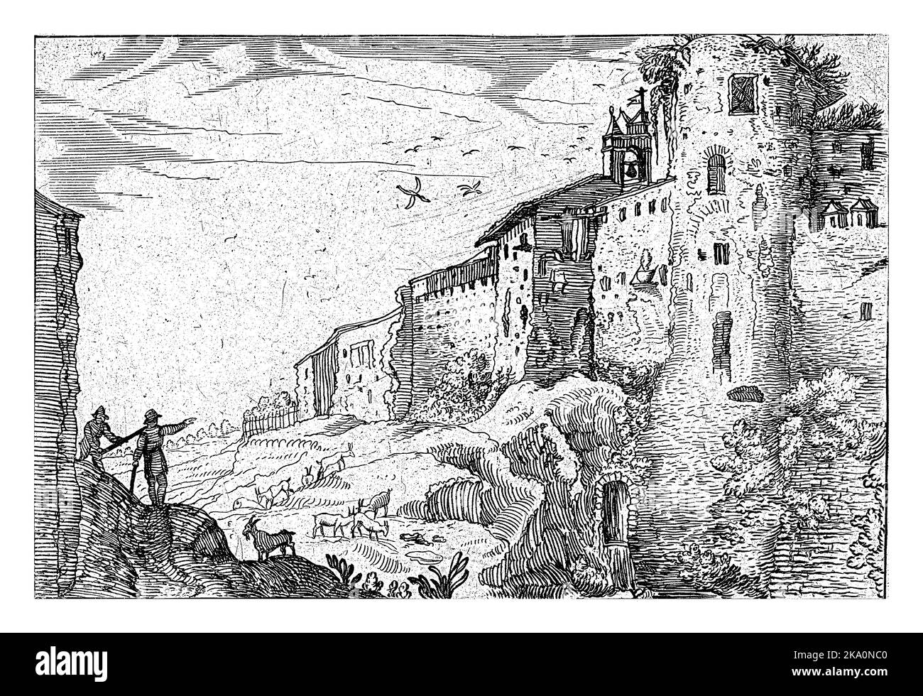 In einer Landschaft, auf einem Hügel rechts, liegen römische Ruinen nebeneinander. Links eine Mauer und zwei Hirten mit ihren Ziegen. Stockfoto