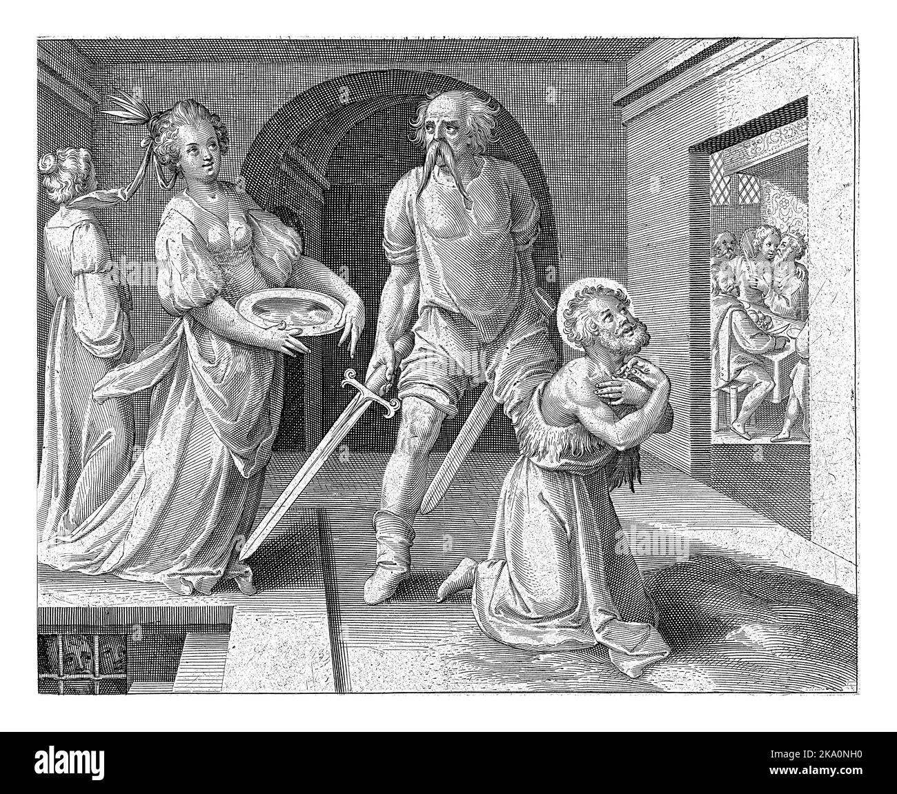 Enthauptung Johannes des Täufers, Nicolaes de Bruyn, 1581 - 1656 Johannes der Täufer kniet vor dem Henker, der ein Schwert bereit hält, um enthaupten zu können Stockfoto