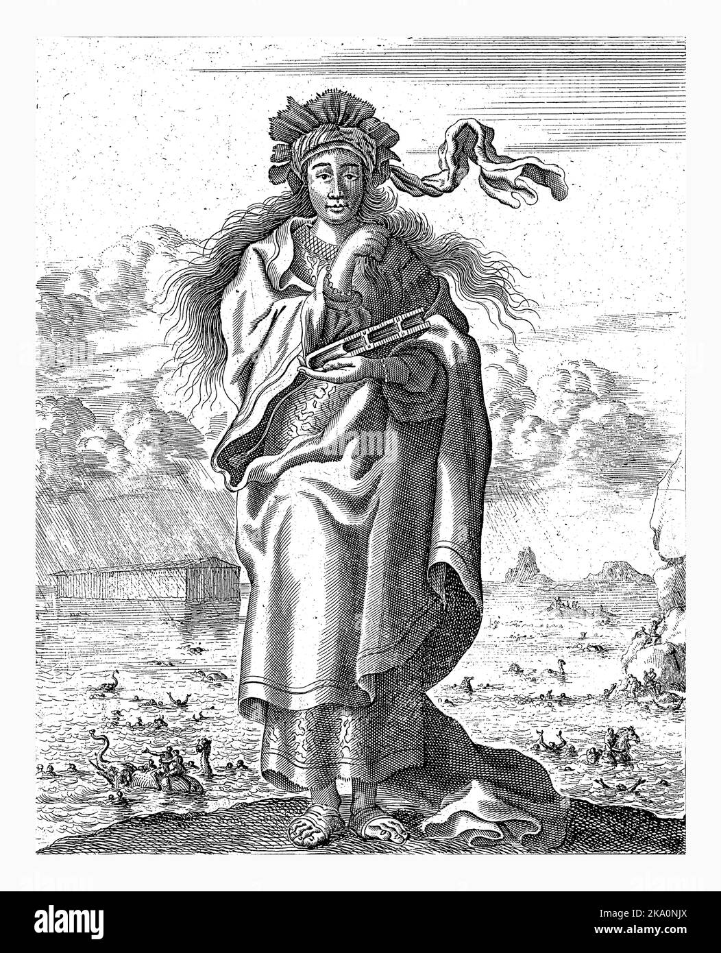Persian Sibyl, Jan Luyken, 1684 Persian Sibyl. Im Hintergrund die Darstellung der Sintflut. Drucken markiert oben rechts: Seite: 631. Stockfoto