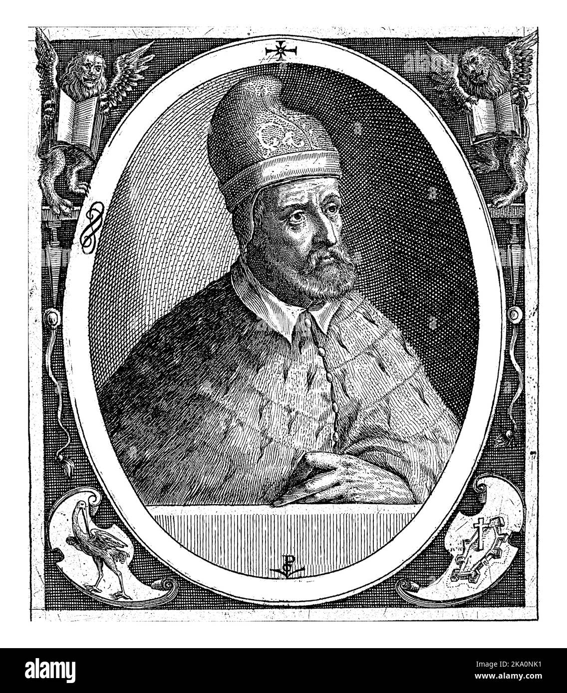 Porträt des venezianischen Dogen Paschalis Ciconia, unter seinem lateinischen Motto. Er trägt einen dogenhut. In der Randbeschriftung des Rahmens der Name und Stockfoto