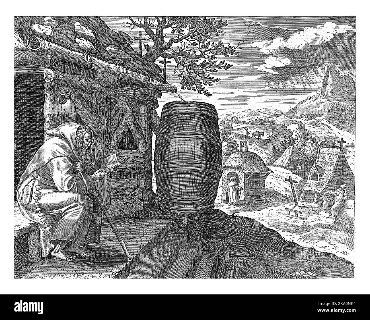 St. Ammonius der große in Mönchsroben. Er sitzt auf einer Bank vor seiner Hütte und liest aus einer bibel. Im Hintergrund ein Einsiedlerdorf. Stockfoto