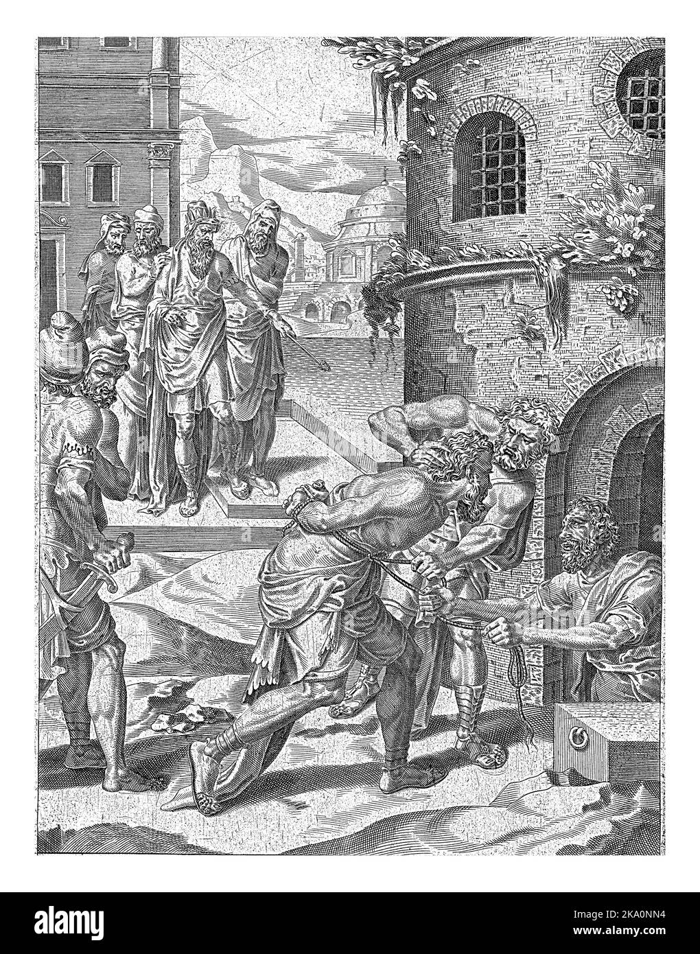 Bestrafung des undankbaren Dieners Dirck Volckertsz. Coornhert, nach Maarten van Heemskerck, 1554 - 1612 wird der Diener vom König übergeben Stockfoto