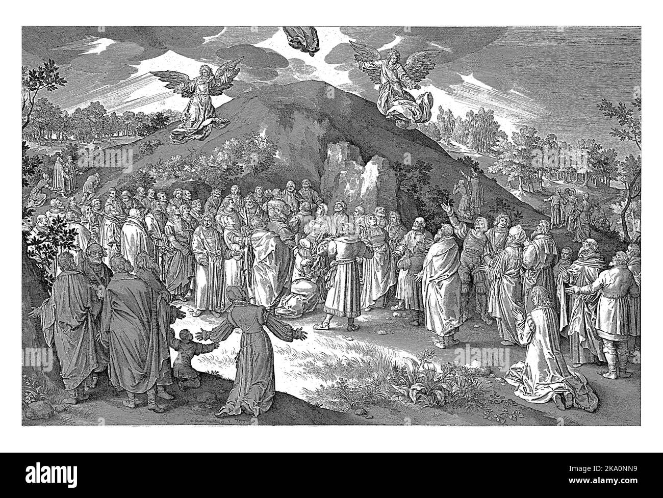 Christi Himmelfahrt, Nicolaes de Bruyn, 1613 Christi Himmelfahrt auf dem Ölberg. Nur seine Füße sind noch sichtbar. Ein Engel auf beiden Seiten Stockfoto