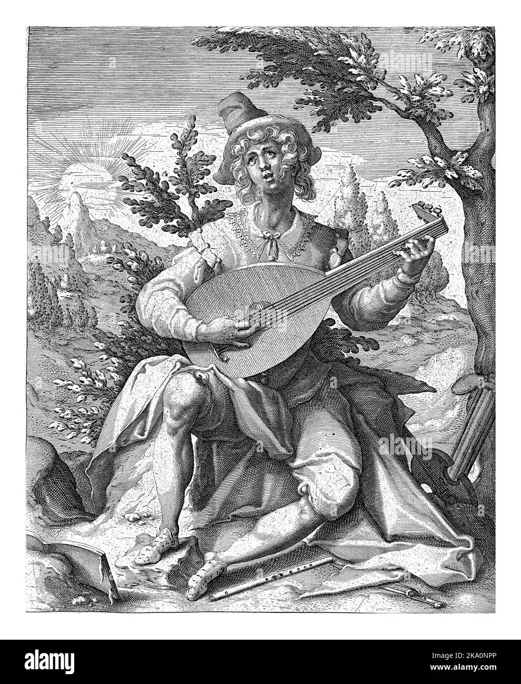 Darstellung des sanguinen Temperaments in Form eines jungen Mannes (Musiker), der eine Laute, ein Musikbuch, eine Flöte und einen Bogen zu seinen Füßen in einem lov spielt Stockfoto