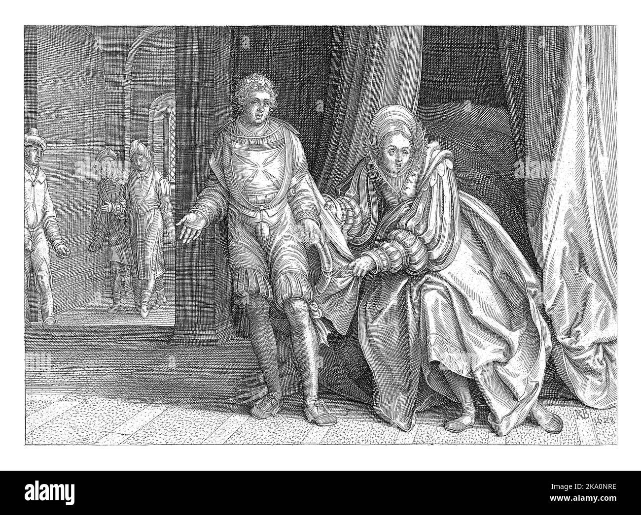 Joseph und Potiphars Frau, Nicolaes de Bruyn, 1628 Potiphars Frau versucht, Joseph zu verführen, und als er sich weigert, packt sie ihn an seinem Mantel. Stockfoto