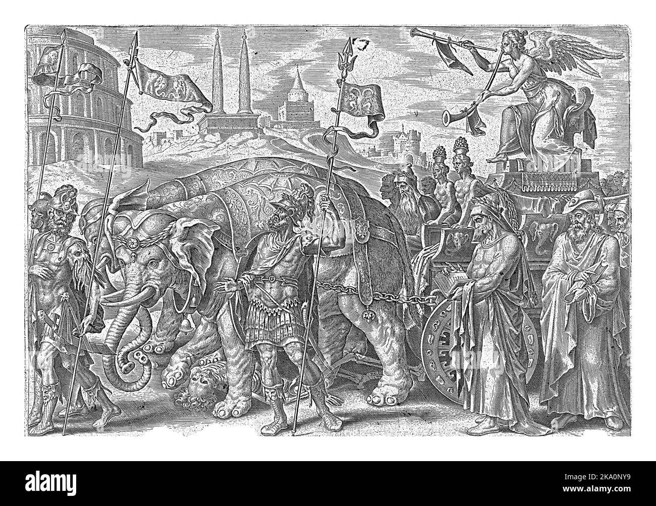 Die geflügelte FAAM (Fama) bläst ihre beiden Trompeten. Auf diese Weise verkündet sie den Ruhm von Generälen und Philosophen der Vergangenheit. In ihrer Prozession sind Alex Stockfoto