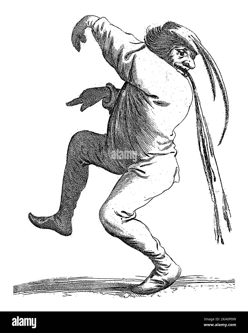 Ein Narr, mit einem Hut mit Federn auf dem Kopf, erbricht direkt über seiner Schulter auf dem Boden. Der Druck ist Teil einer Serie von zwölf Prints mit Narren. Stockfoto
