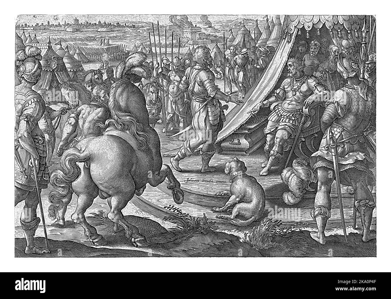 Giovanni de' Medici nähert sich Franz I., der vor einem königlichen Zelt in einem Armeelager sitzt. Im Vordergrund ein Pferd und ein Hund; im Hinterteil Stockfoto