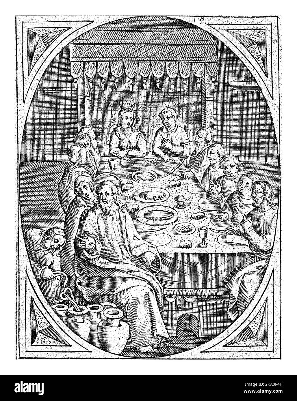 Heiratsmahl in Cana, Joannes Galle, c. 1626 - c. 1676 die Hochzeitsgäste sitzen am Tisch. Christus sitzt vorne links und segnet die Gefäße o Stockfoto