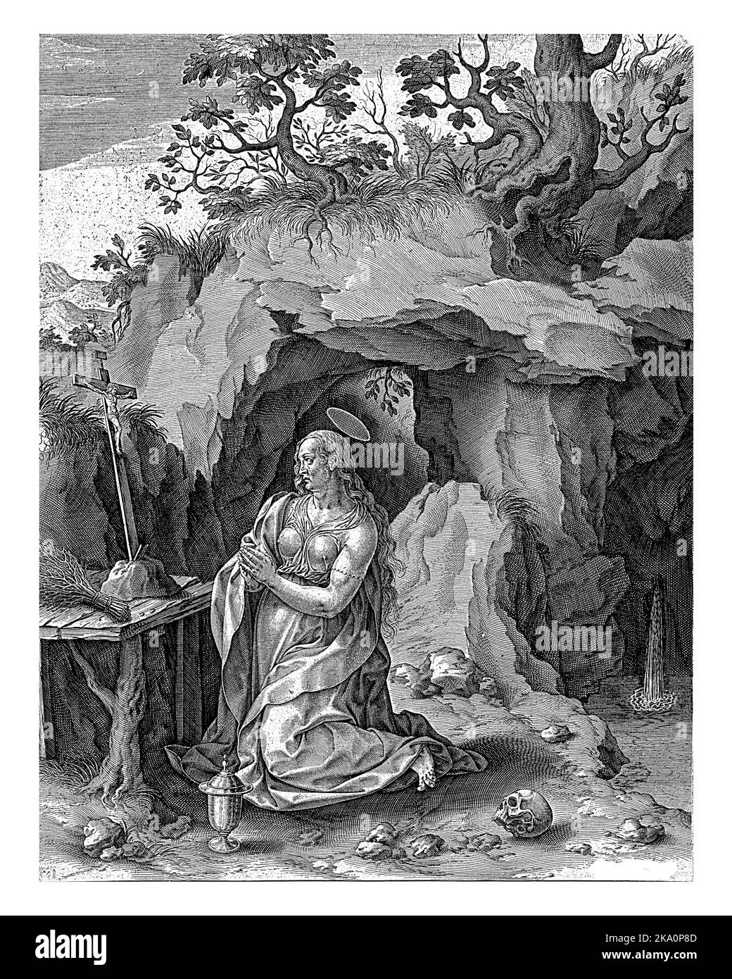 Die büßende Maria Magdalena betet vor einem Kruzifix in einer Höhle. Ein Wasserfall fließt in die Höhle. An ihren Knien das Glas mit Salbe. Ein Schädel liegt auf dem Stockfoto