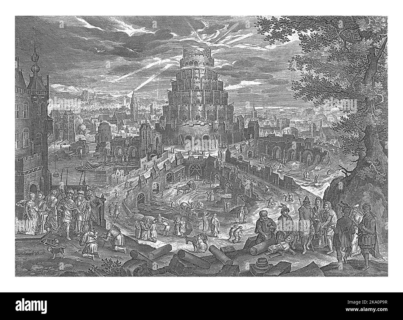 Nimrod lässt den Turm von Babel, Jan van Londerseel, nach Dirck Aertsz bauen., 1601 - 1702 der Turm von Babel wird unter der Aufsicht von König Ni gebaut Stockfoto