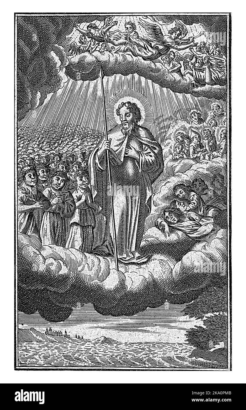 St. Thomas steht auf Wolken, in seiner linken Hand ein Speer. Auf seiner rechten Seite sieben schlafende Personen, auf seiner linken Seite eine große Anzahl von Märtyrern mit Palmzweig Stockfoto