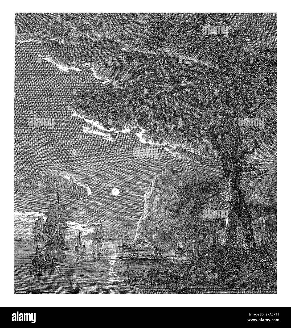 Moonlight, F.W. Musculus, nach Aelbert Cuyp, 1750 - 1799 Eine Küstenlandschaft bei Mondschein. Segelschiffe segeln auf See und im Vordergrund ein r Stockfoto