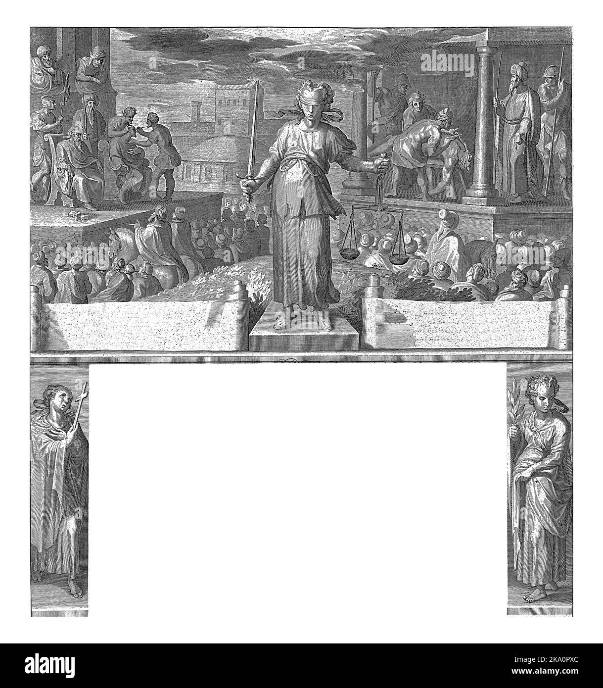 Frau Justice steht vor zwei Hinrichtungen. Links auf einer Plattform zeigt sich der Zaleucus, der seinen Sohn aus einem Auge ragen lässt. Stockfoto
