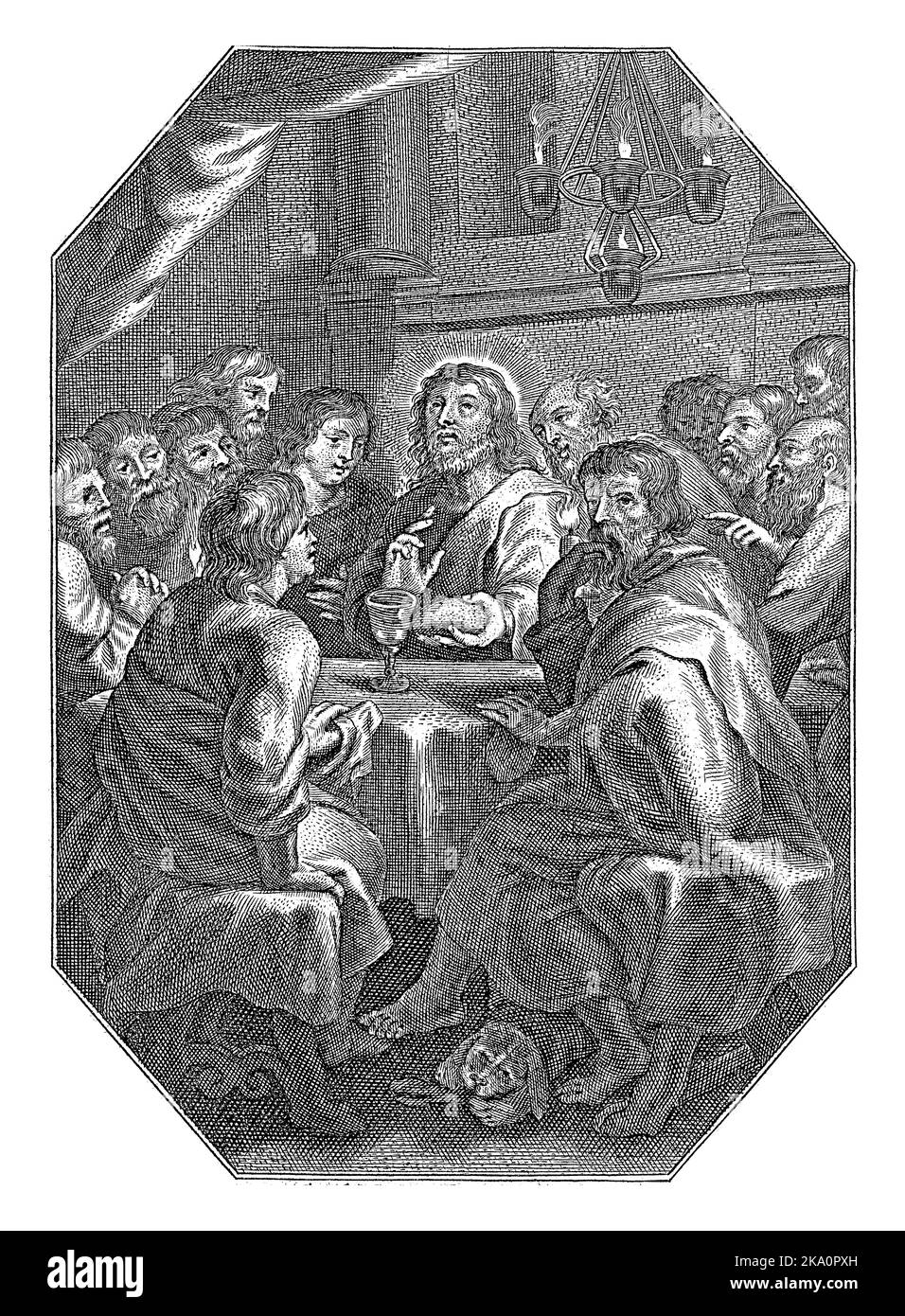 Letztes Abendmahl, Cornelis Galle (I), 1586 - 1650 Christus sitzt am Tisch mit seinen Jüngern zum letzten Abendmahl. Er hält das Brot in den Händen und spricht Stockfoto Letztes Abendmahl, Cornelis Galle (I), 1586 - 1650 Christus sitzt am Tisch mit seinen Jüngern zum letzten Abendmahl. Er hält das Brot in den Händen und spricht Stockfoto