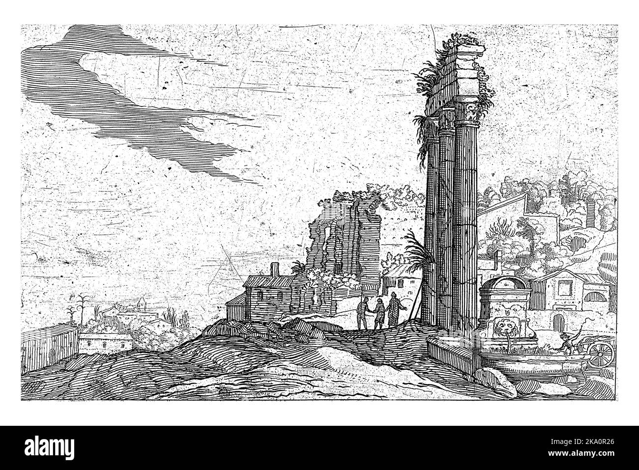 Die Ruinen des Tempels von Castor und Pollux auf dem Forum Romanum in Rom. Außerdem einige Figuren und ein Brunnen. Stockfoto