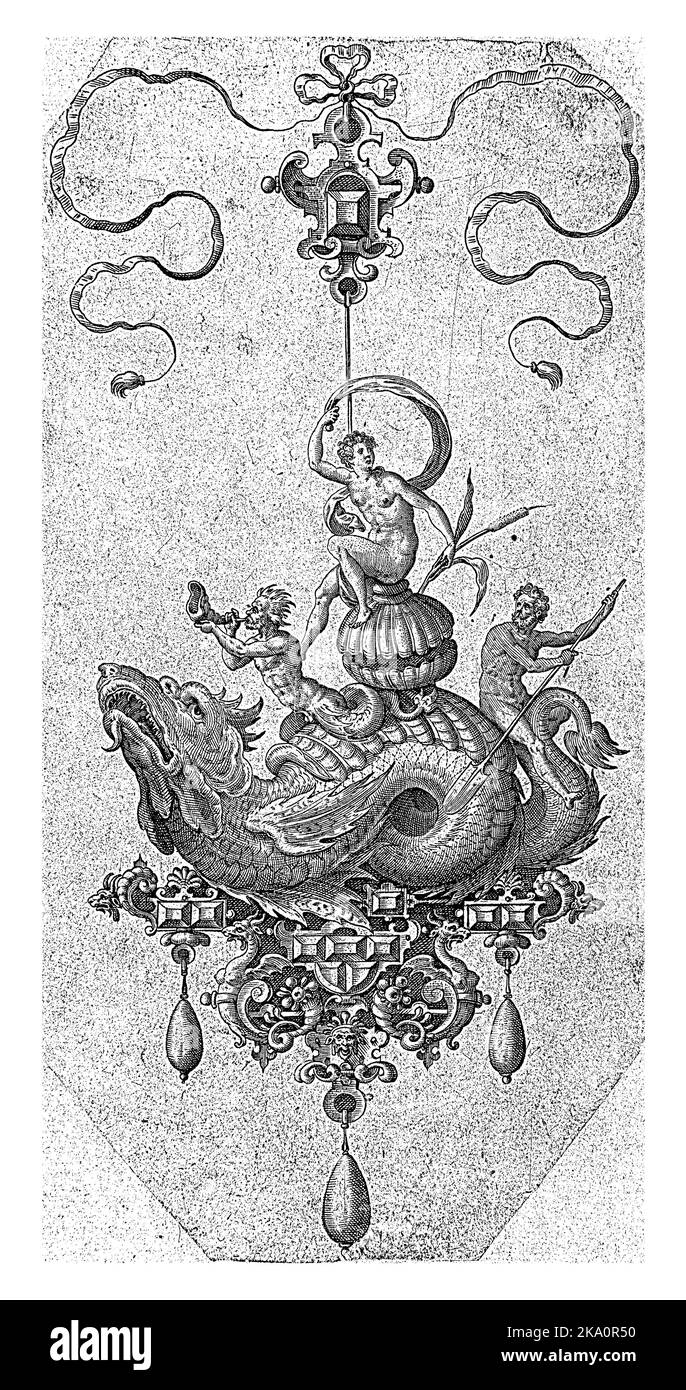 Eine Frau sitzt auf der Muschel mit einem Bullush in der Hand. Außerdem, auf dem Rücken des Drachen sind ein Mann mit einem Fischschwanz weht auf einer Schale und ein Stockfoto