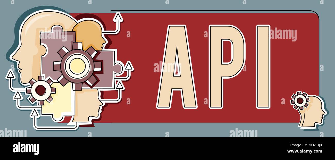 Signieren, das API anzeigt. Konzeptionelle Fotosatz von Routinen, Protokollen und Tools für die Erstellung von Software-Anwendungen mehrere Köpfe mit Zahnrädern zeigt Stockfoto