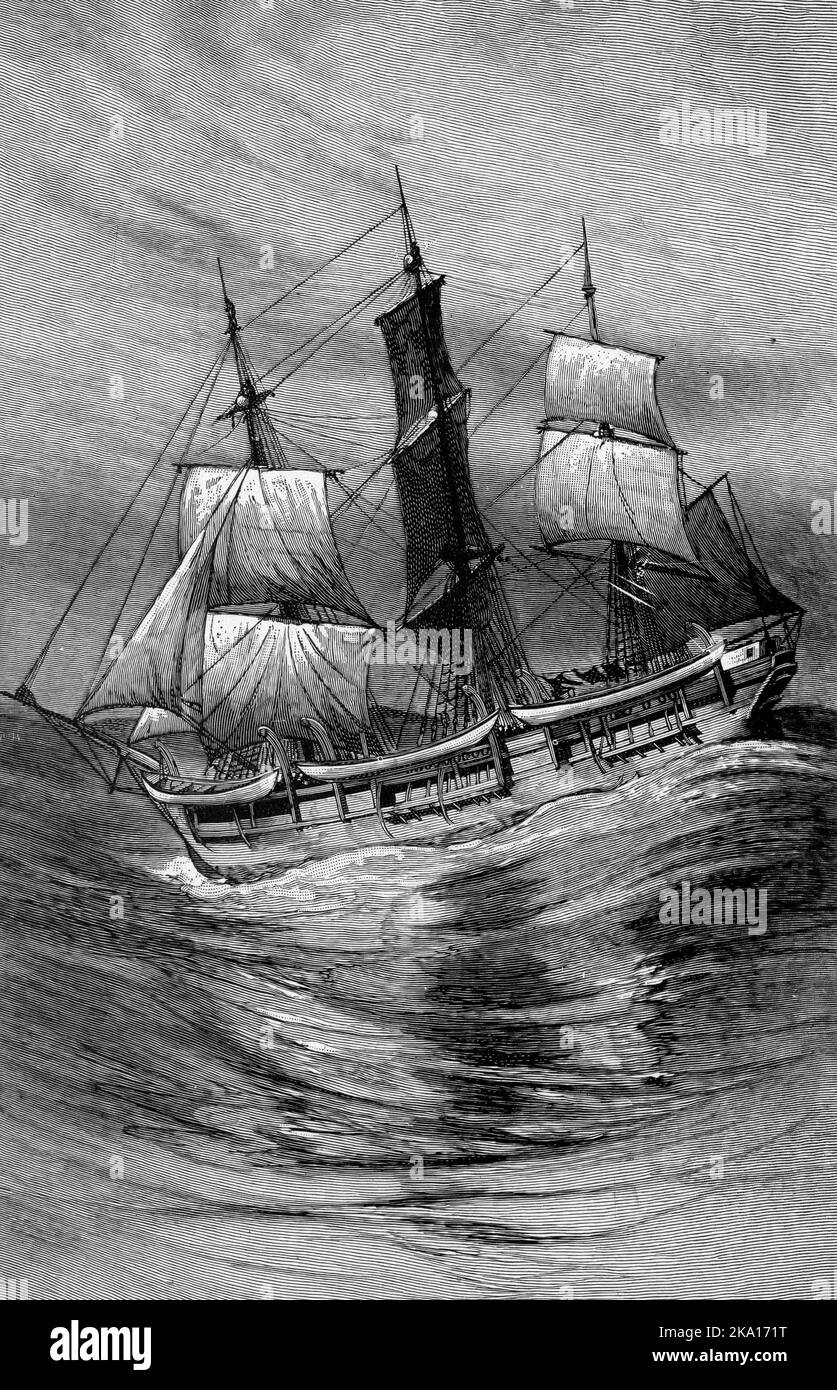 Gravur eines Walfangschiffs, der Cachalot Stockfoto