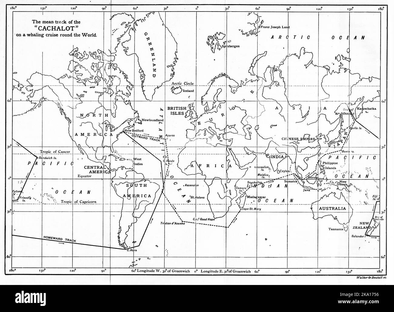 Weltkarte mit der Kreuzfahrt des Walfangschiffs Cachalot im Jahr 1870s Stockfoto