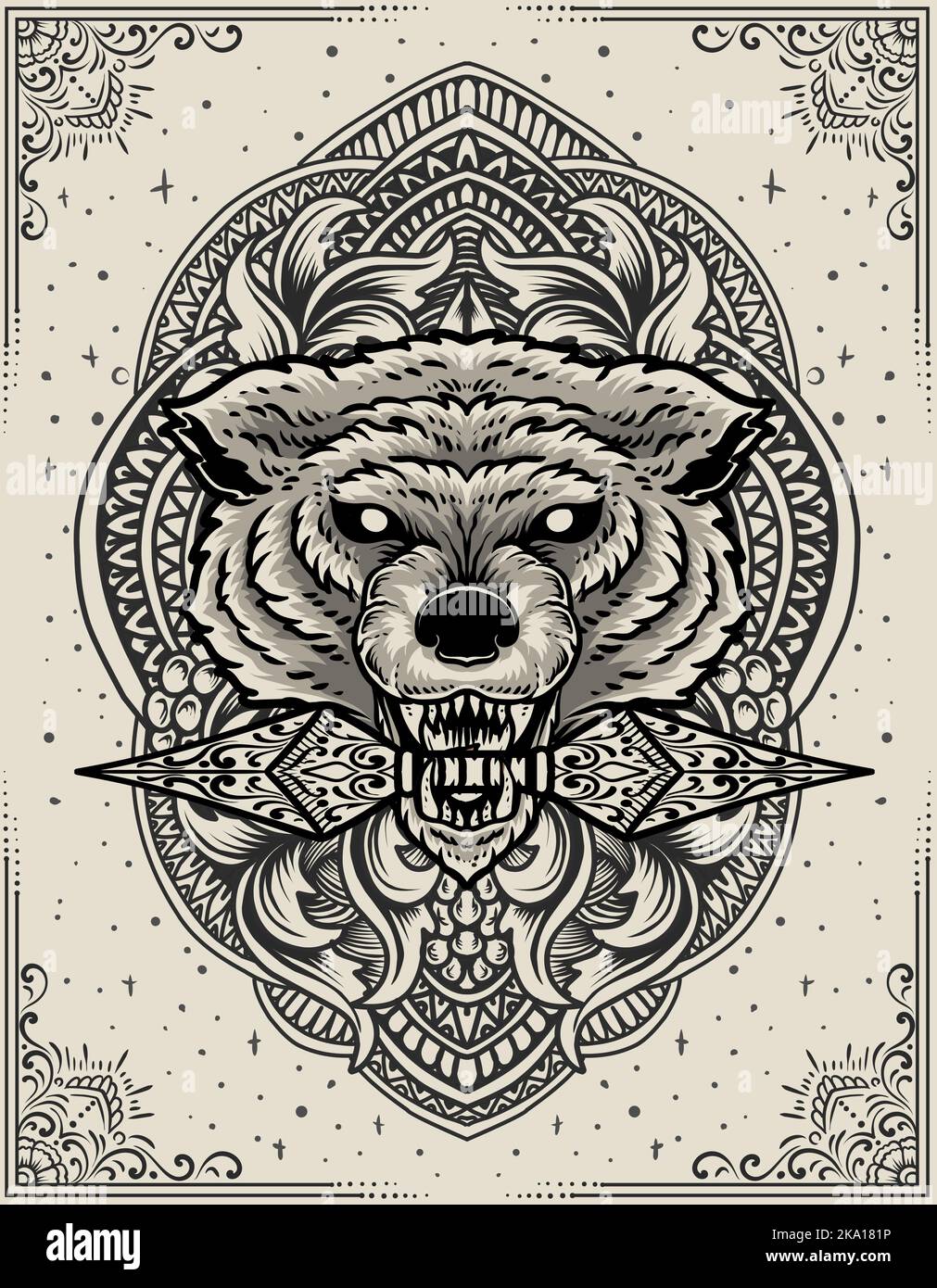 Illustration Wolfkopf mit Gravur Ornament Stock Vektor