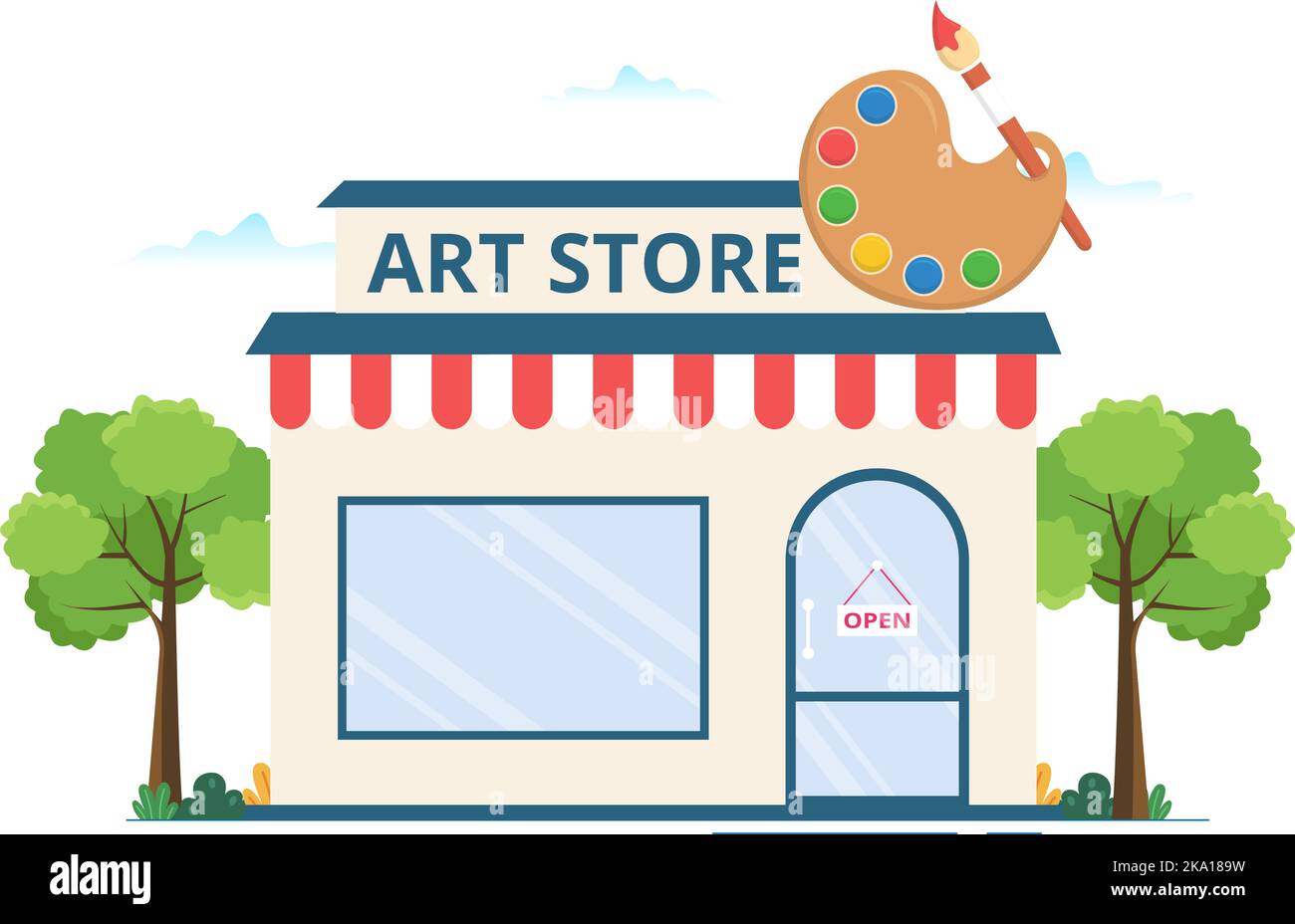 Art Shop mit Malzubehör Shop Zubehör und Werkzeuge für Zeichnung, Künstler und Designer auf Flat Cartoon Hand Drawn Template Illustration Stock Vektor