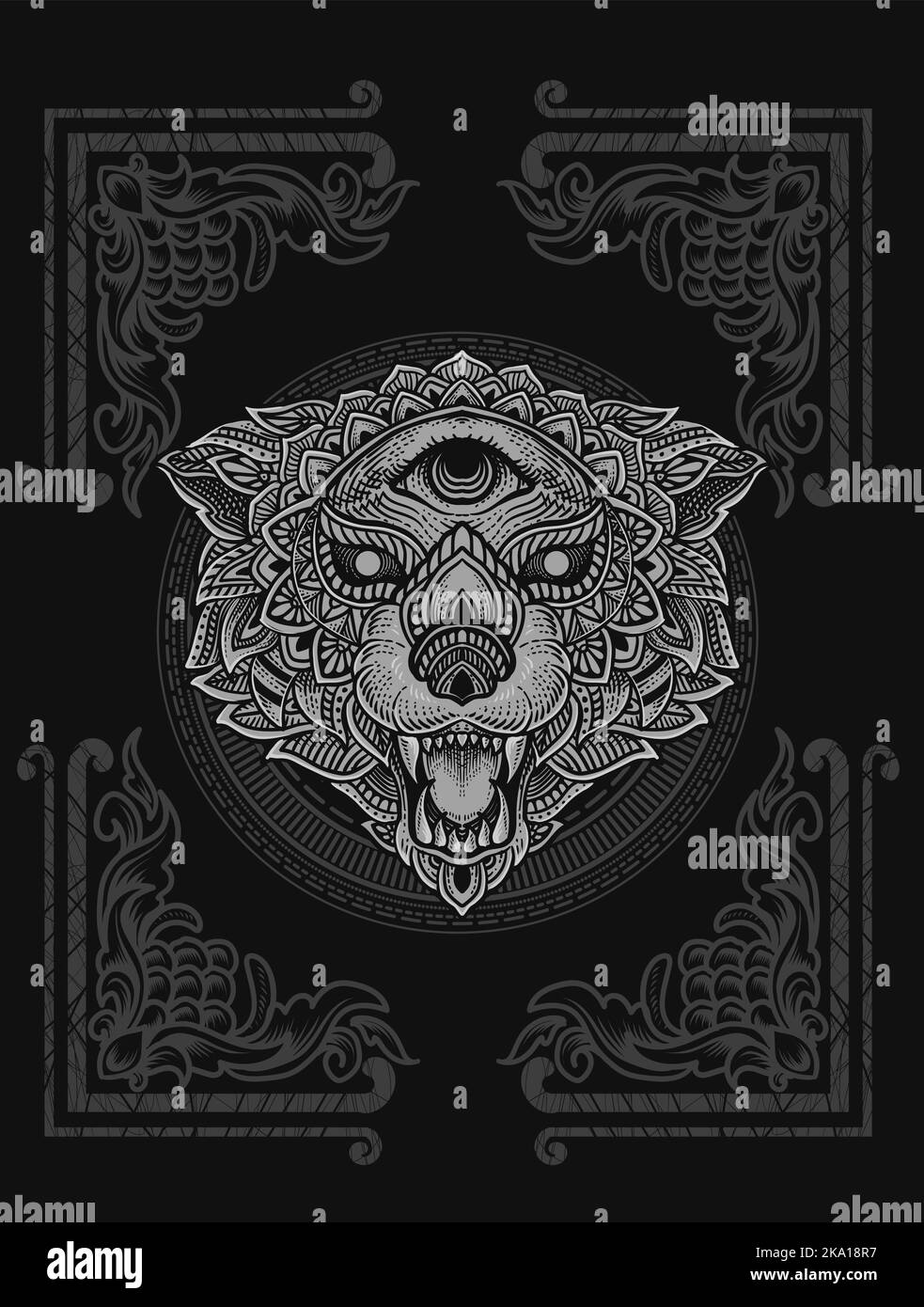 Illustration Wolf Kopf Mandala Stil mit Gravur Ornament Stock Vektor