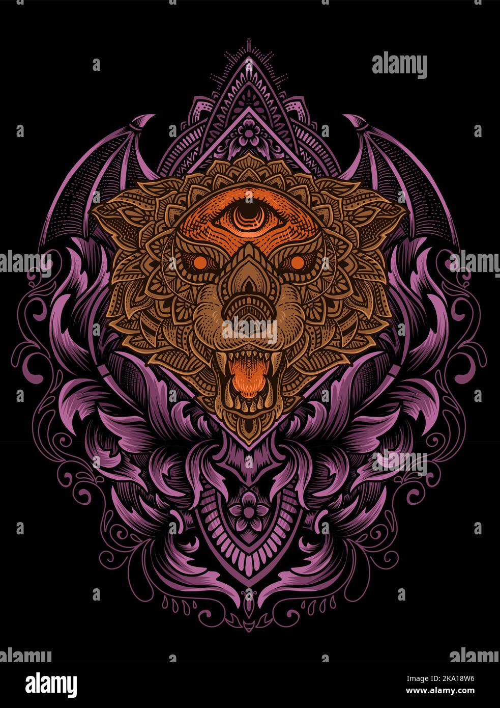 Illustration Wolf Kopf Mandala Stil mit Gravur Ornament Stock Vektor
