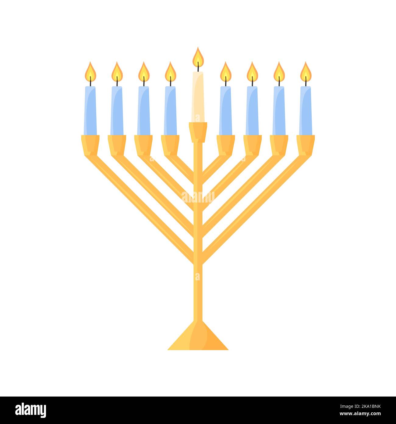 Hanukkah Menorah isoliert. Traditioneller jüdischer Chanukiah Kerzenhalter mit neun Kerzen auf weißem Hintergrund. Flache Vektorgrafik. Stock Vektor