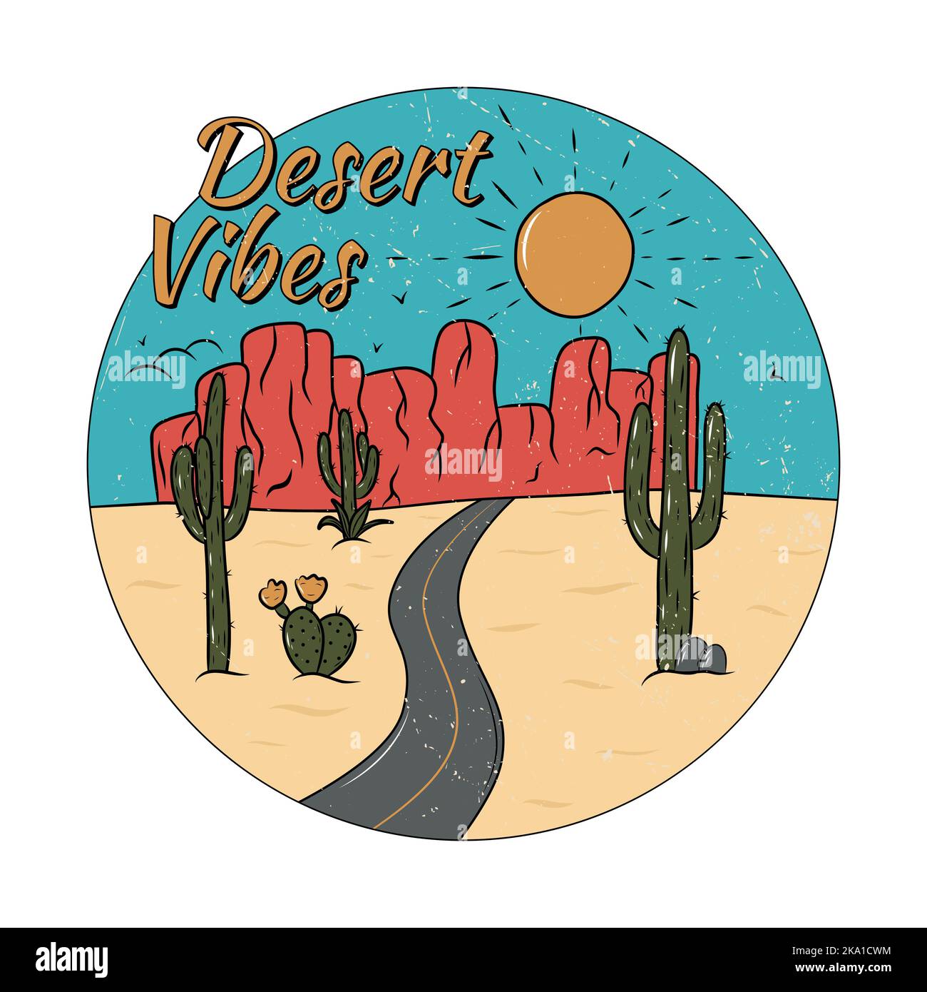 Arizona Wüste vibes mit Kaktus und Berg. Print-Design für Kleidung, Aufkleber, T-Shirt und andere. Retro-Illustration im Vintage-Stil Stock Vektor