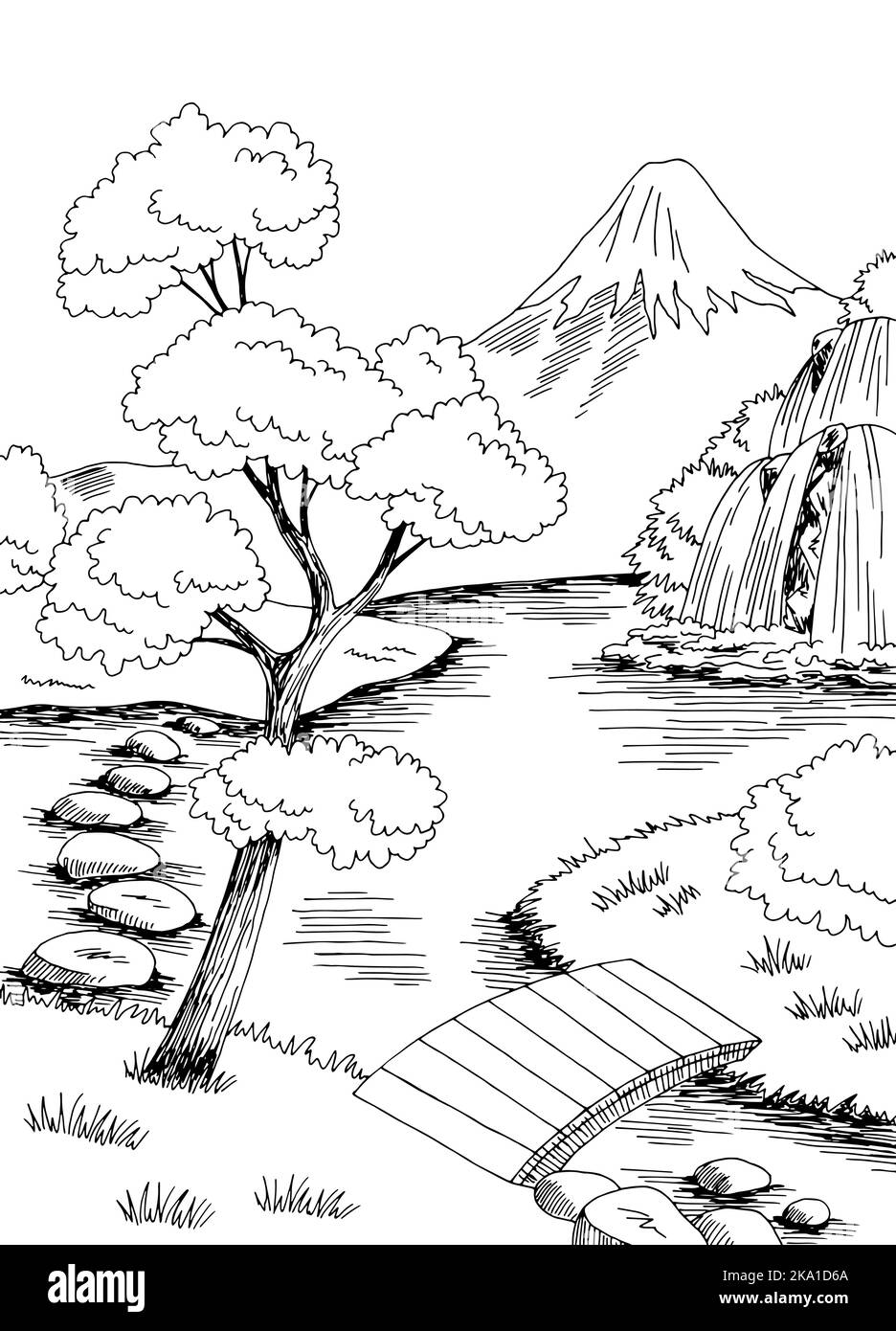 Japan Garten See Grafik schwarz weiß Landschaft Skizze vertikale Illustration Vektor Stock Vektor