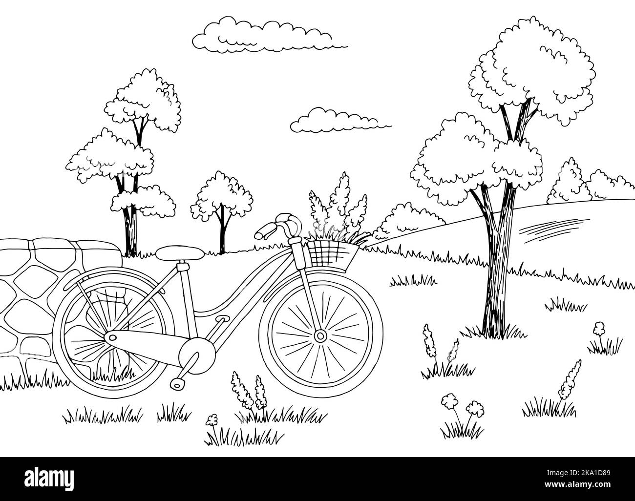 Fahrrad im Feld Grafik schwarz weiß Landschaft Skizze Illustration Vektor Stock Vektor