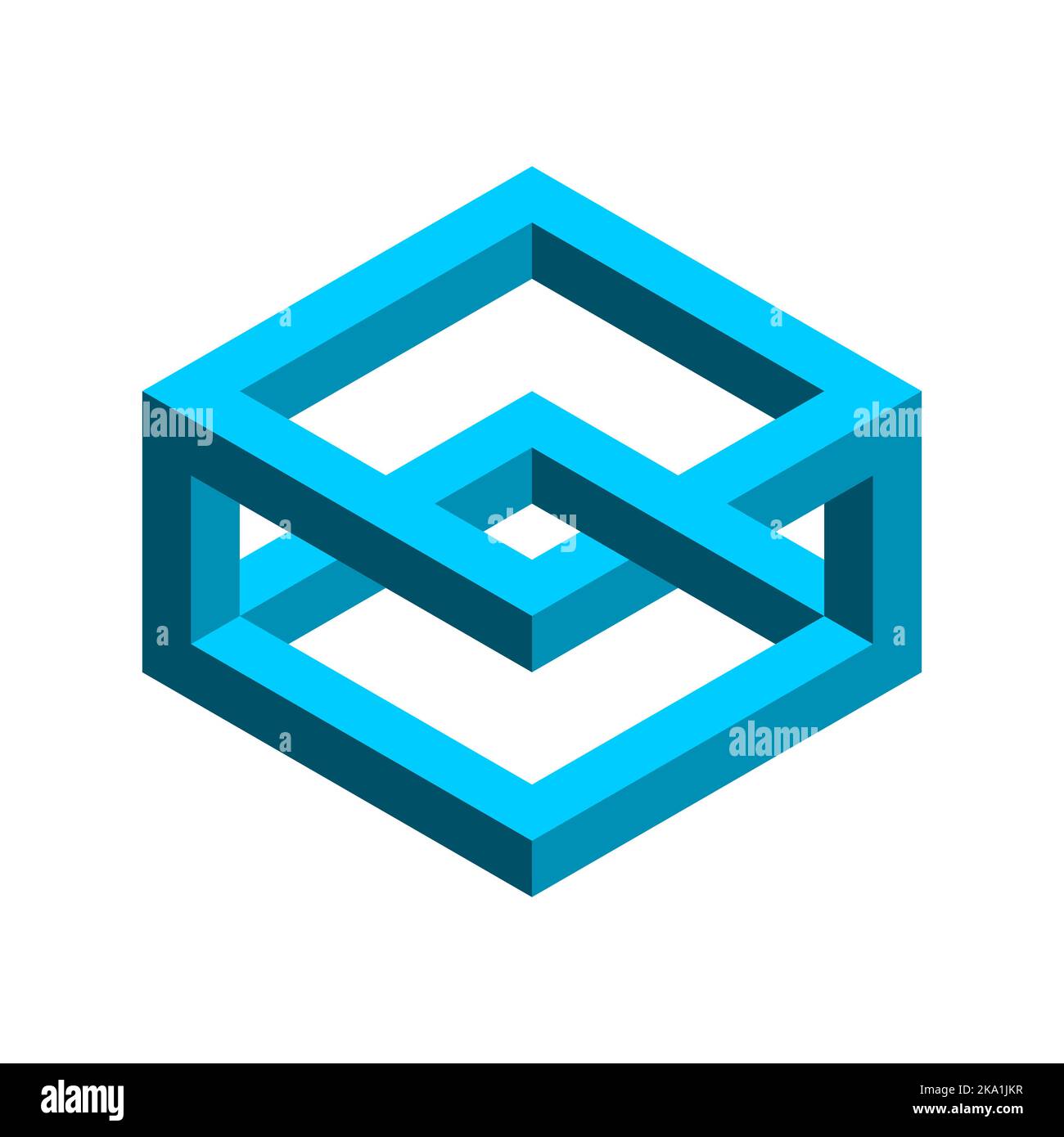 Blaues unmögliches Rechteck. Geometrisches Objekt Esher penrose. 3D Isometrische Form mit überlappenden Seiten. Optische Täuschung, visuelle Wahrnehmung, op Art. Stock Vektor