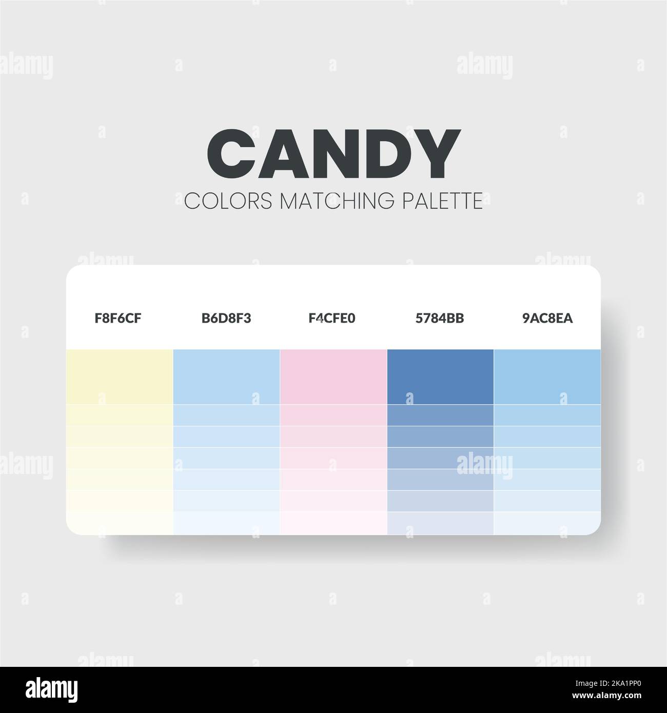 Farbpalette in Candy-Farbthemen-Kollektionen. Diagrammvorlage für Farbschema oder Farben. Farbkombination aus RGB-, HSL- und HEX-Code. Vektor Stock Vektor