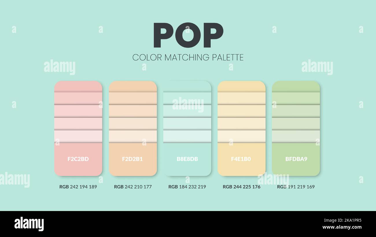 Farbpalette in Pop-Farbthemen-Kollektionen. Diagrammvorlage für Farbschema oder Farben. Farbkombination aus RGB-, HSL- und HEX-Code. Vektor Stock Vektor Farbpalette in Pop-Farbthemen-Kollektionen. Diagrammvorlage für Farbschema oder Farben. Farbkombination aus RGB-, HSL- und HEX-Code. Vektor Stock Vektor