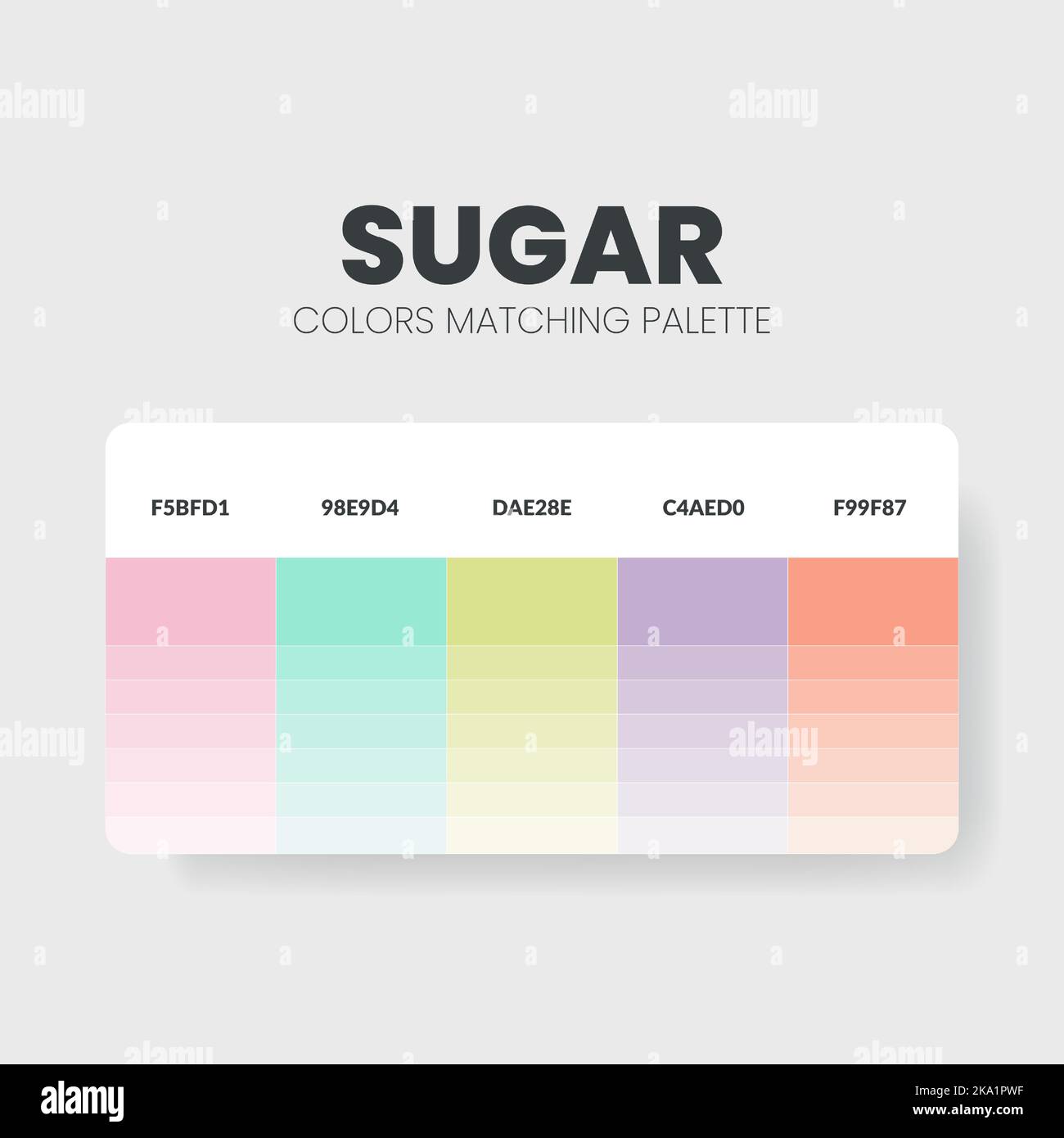 Farbpalette in Zuckerkollektionen. Diagrammvorlage für Farbschema oder Farben. Farbkombination aus RGB-, HSL- und HEX-Code. Vektor Stock Vektor