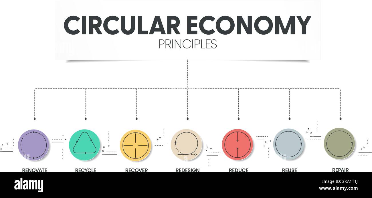 7R Circular Economy Principles Konzept für die wirtschaftliche Nachhaltigkeit von Produktion und Konsum hat 7 Schritte zu analysieren, wie reduzieren, recyceln, recov Stock Vektor