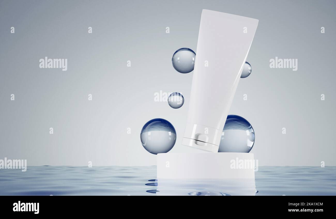 Modell des kosmetischen Röhrenprodukts. Beauty Hautpflege Produkt vor Wasser Hintergrund. 3D Rendering Stockfoto