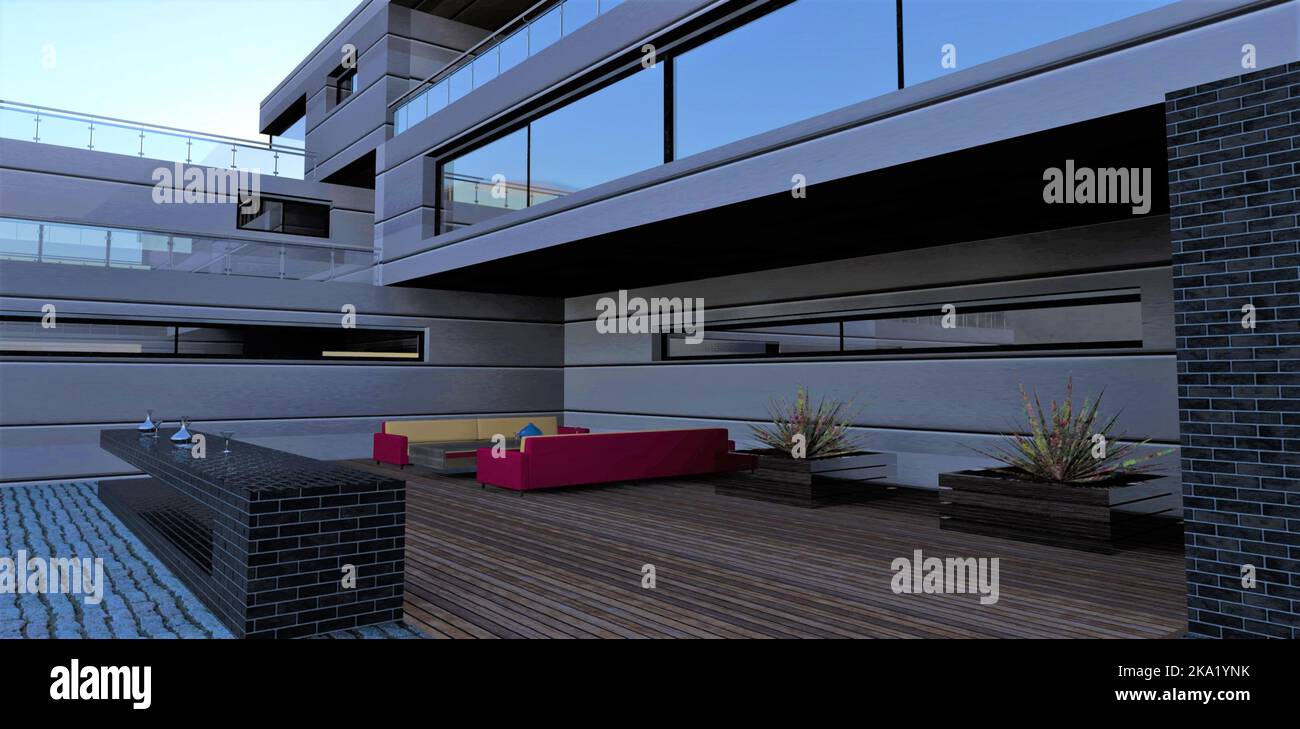 Platz zum Ausruhen im Innenhof eines modernen flachen Büros. Bequeme Sofas und Tisch. Autorenbar mit Pouffes. Vasen mit exotischen Pflanzen. 3D Rend Stockfoto