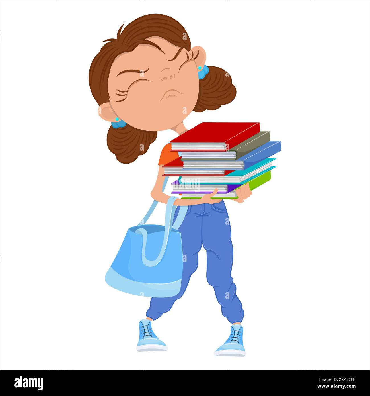 Mädchen mit Stapel von Büchern. Isolierte Abbildung auf weißem Hintergrund. Stock Vektor