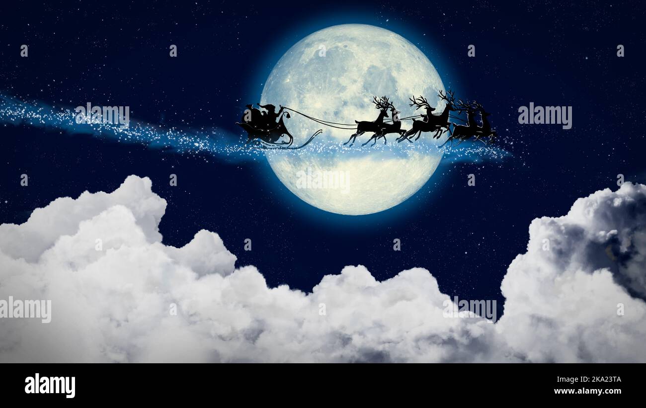 Weihnachtsmann in einem Schlitten, der nachts über den Mond fliegt. Der Weihnachtsmann fliegt, um Geschenke zu liefern. Am Nachthimmel Hintergrund Geschichte von Mythos und Legende. Digitaler Kunststil Stockfoto