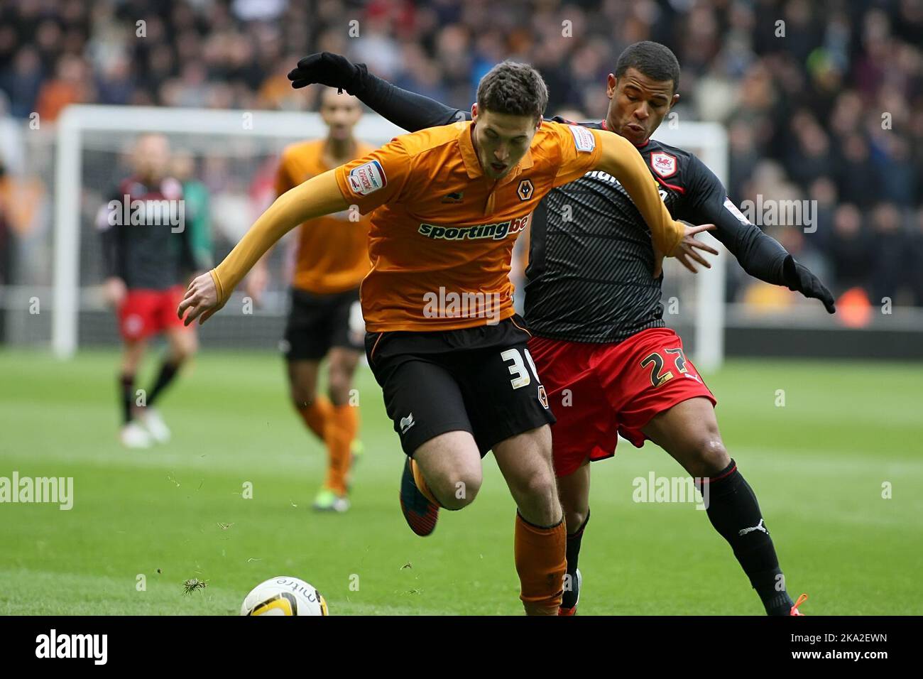 2.. Februar 2013 - npower Championship Football - Wolverhampton Wanderers vs. Cardiff City - Matt Doherty of Wolves hält Frazer Campbell von Cardiff City fern - Foto: Paul Roberts/Pathos. Stockfoto