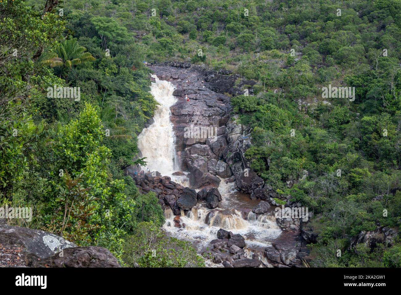 Wasserfall inmitten eines dichten tropischen Waldes. Tepequém, Bundesstaat Roraima, Brasilien. Stockfoto