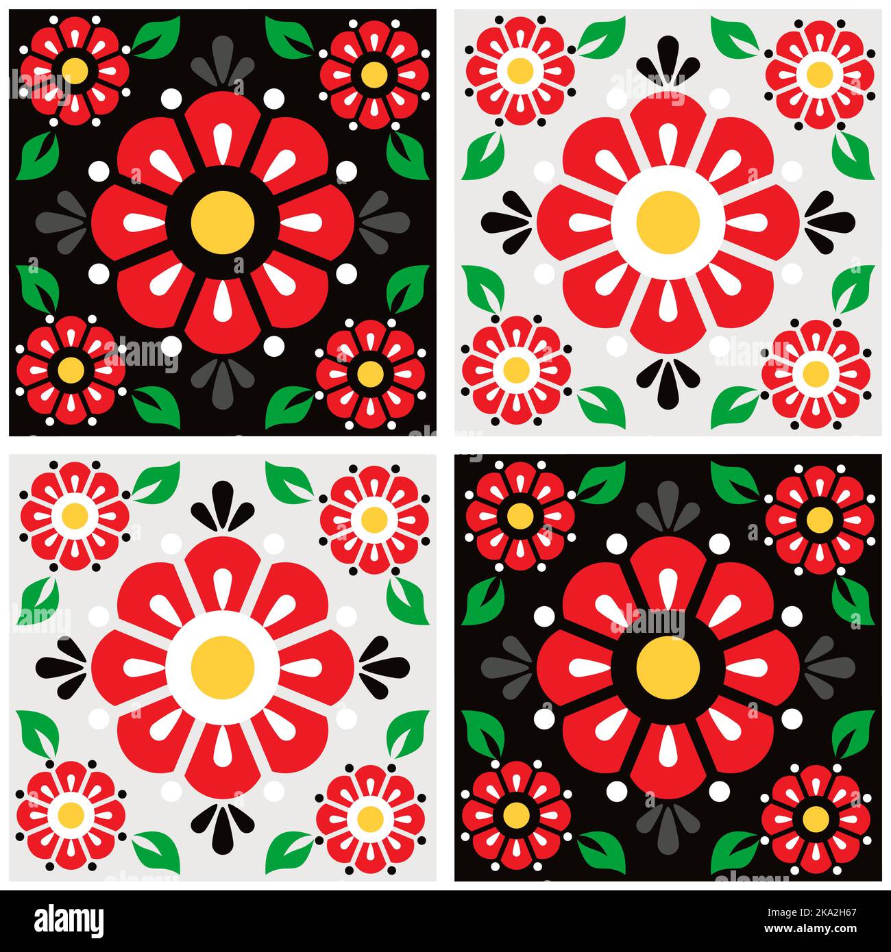 Mexikanische talavera niedlichen floralen Fliesen Vektor nahtloses Muster mit roten Blumen und Blättern auf schwarz und grau Hintergrund, Retro-Heimtextilien Stock Vektor