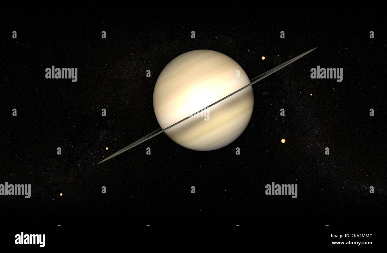 Blick auf den Planeten Saturn mit Ringen und Monden. Erkundung rund um den Planeten 