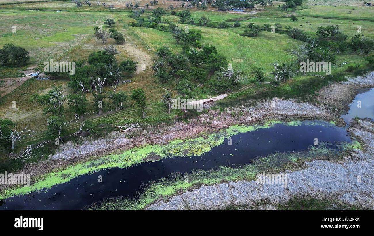 Luftaufnahme der natürlichen Landschaft von Tierra Blanca Creek mit grünen Ländern und Landhäusern in der Ferne Stockfoto